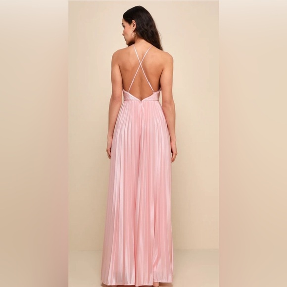 Lulu Elaborate Charm Light Pink Satin Pleated Backless Maxi Dress LG NWT $168.00 - Picture 3 of 10